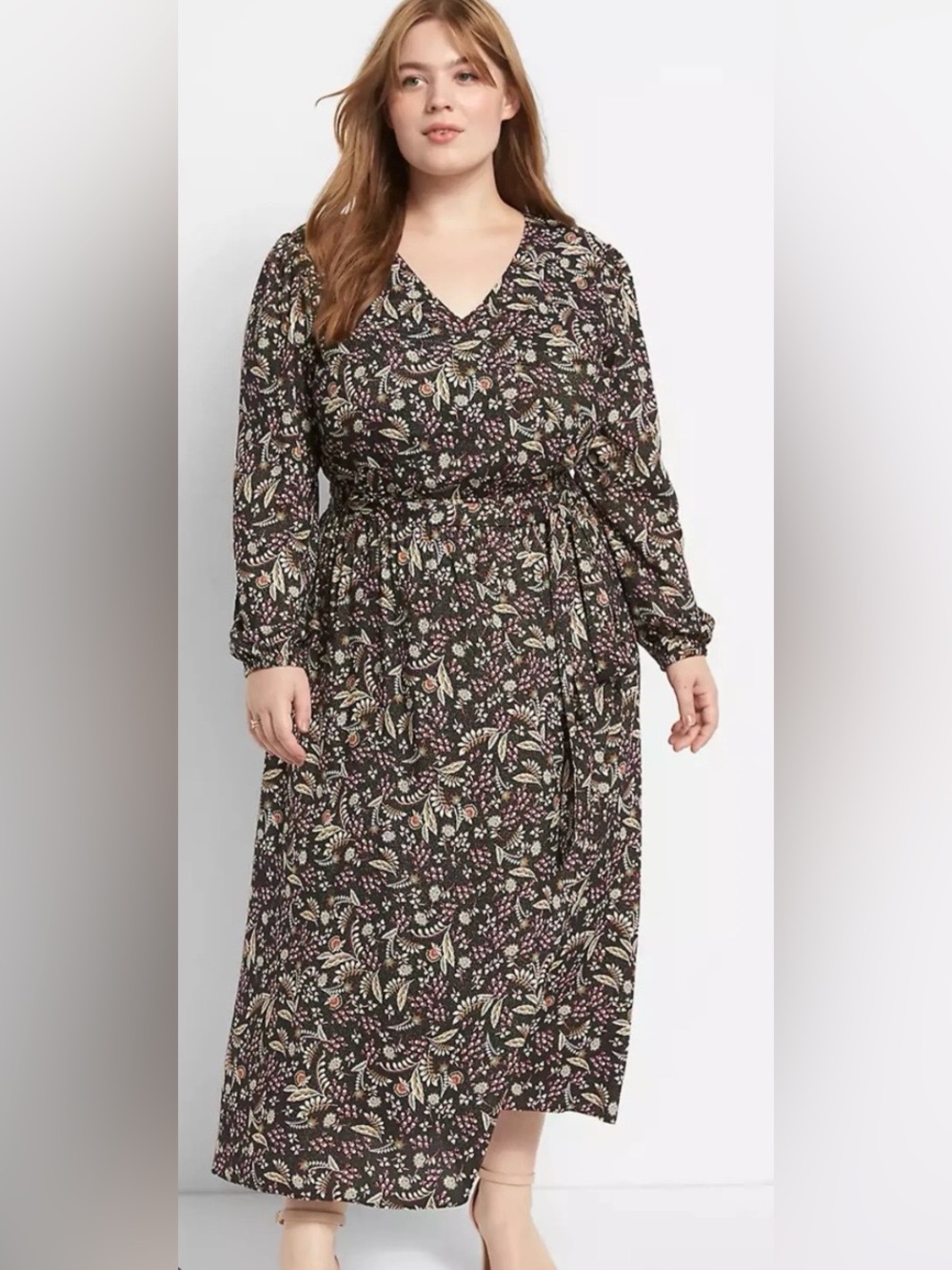 Lane Bryant Paisley Faux Wrap Midi Lurex Metallic Dress Plus Size 22 Long Sleeve